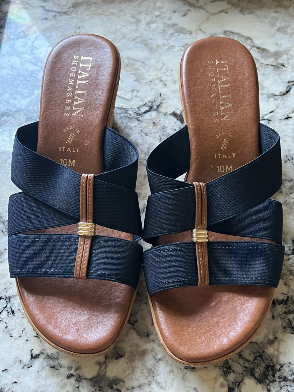 Italian Shoemakers Navy Wedge Slide Sandals with Cork-Look Heel